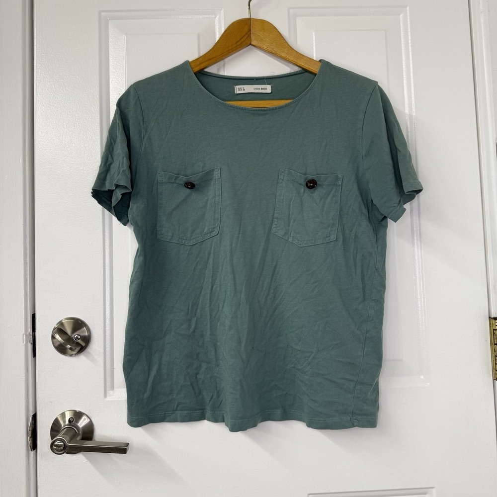 Sfera 2 Pocket Button Crewneck Womens TShirt Green In Size Small